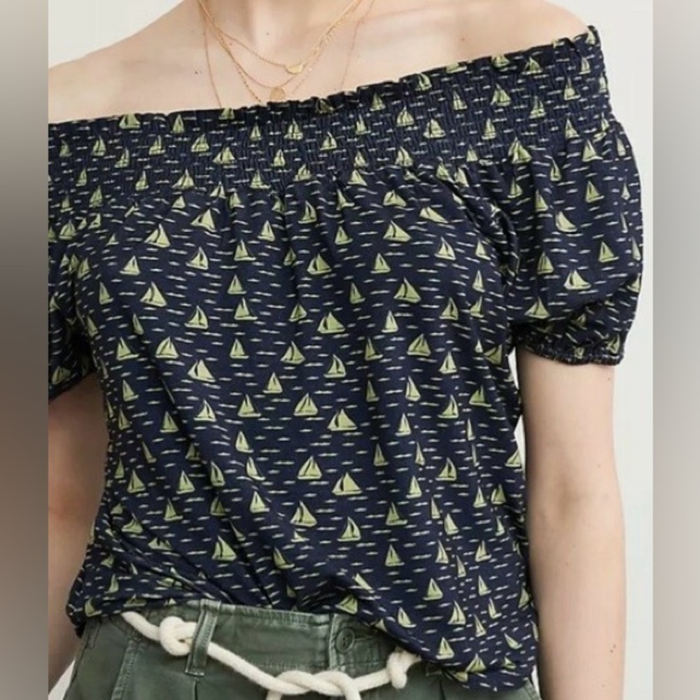 Anthropologie Off-Shoulder Navy Sailboat Print Top - Women
